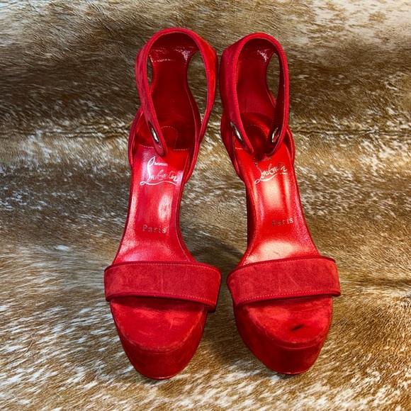 LOUBOUTIN Paris Red High Heel Stiletto Open Toe Platform Sandals GUC EU 38 1/2 - Picture 4 of 17